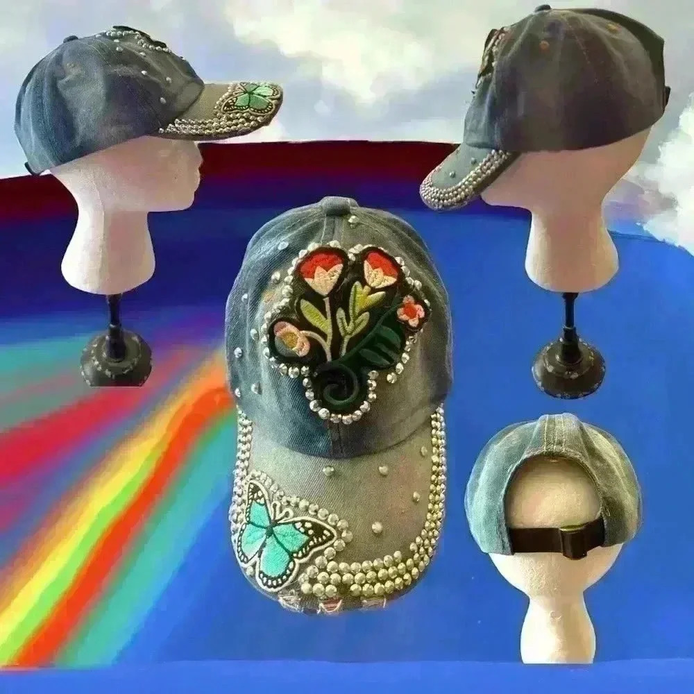 Rhinestone Bling & Patch Distressed Denim Baseball Cap- Fllower OS